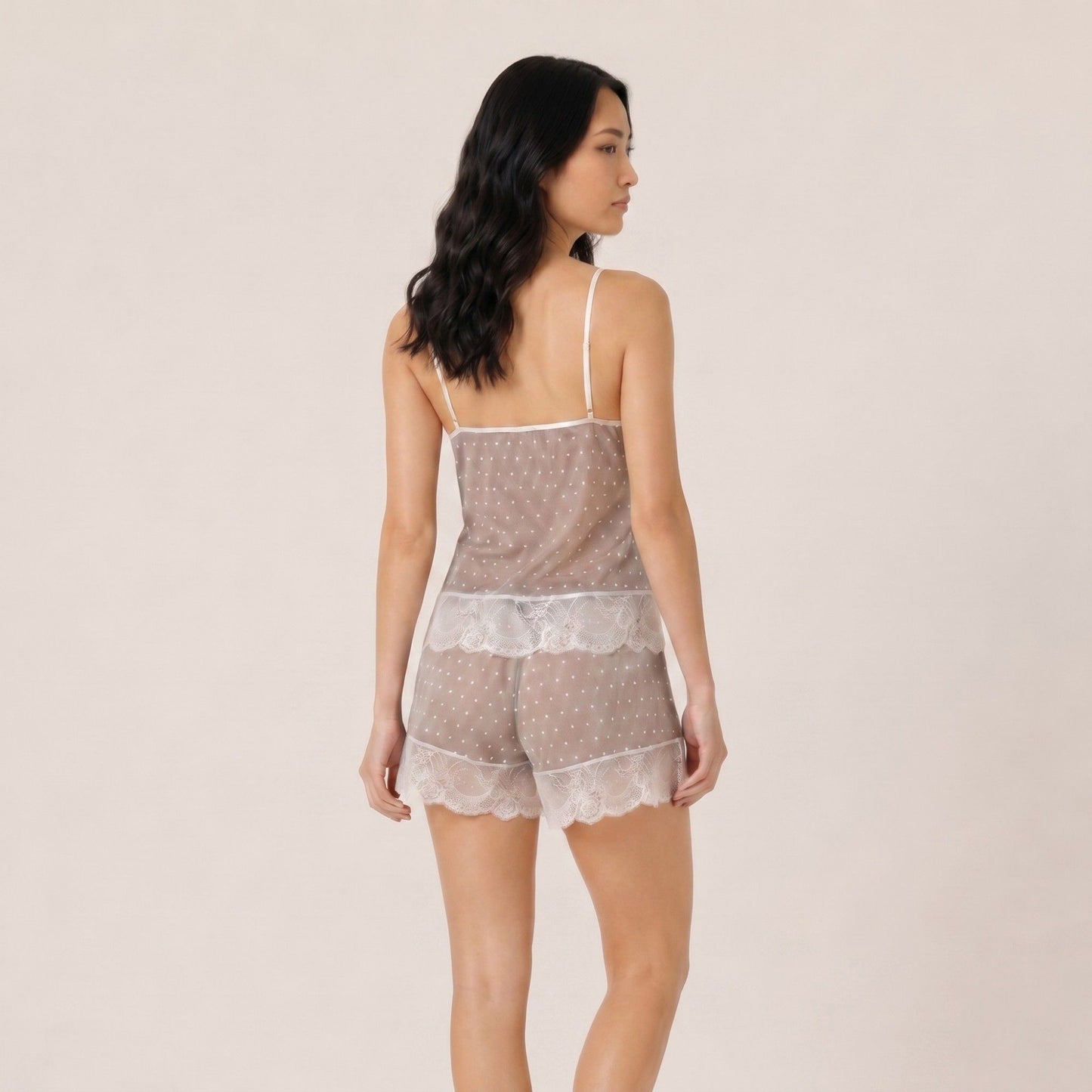 2-Piece Lace Trim Cami Top and Shorts Pajama Lounge Set with Mesh Dot Detail and Scalloped Hem