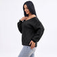 Cable Knit V-Neck Balloon Sleeve Sweater