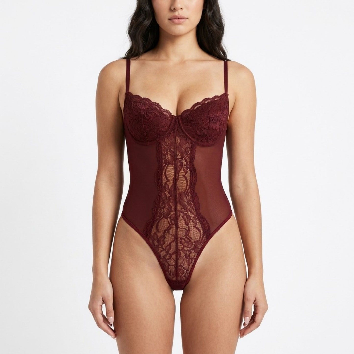 Floral Lace Mesh Bodysuit with Underwire Cups and Adjustable Straps