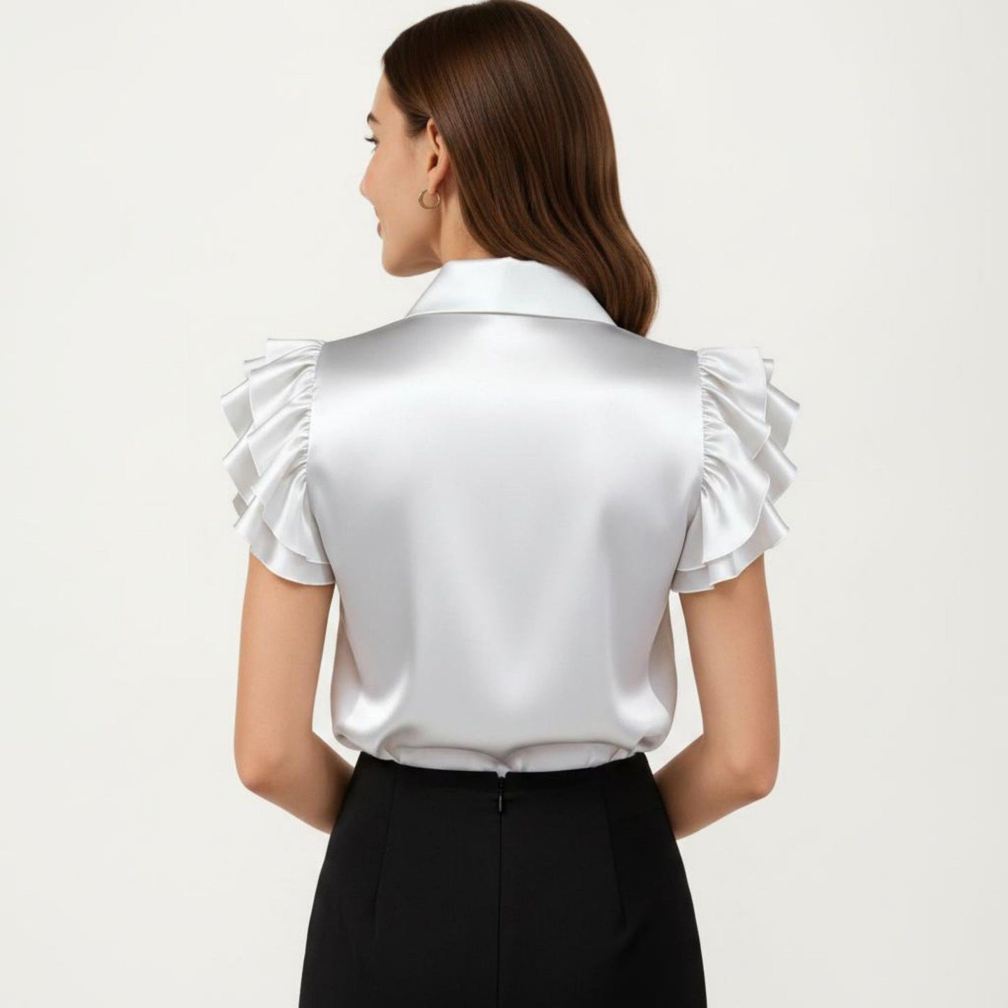 Satin Button Down Blouse with Ruffle Sleeves and Collared Neckline