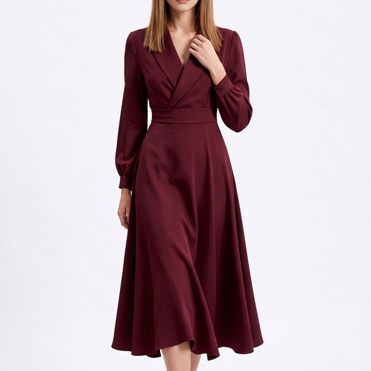 Long Sleeve Notched Collar Midi Dress with Defined Waist and Flared Skirt