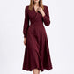 Long Sleeve Notched Collar Midi Dress with Defined Waist and Flared Skirt