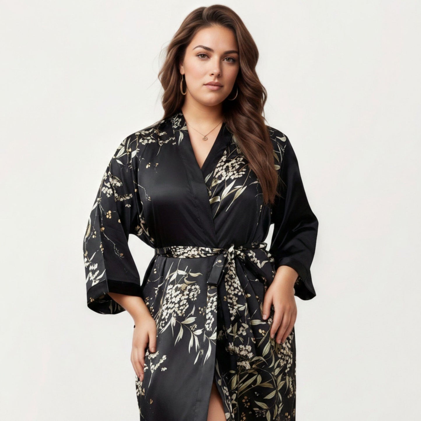 Plus Size Satin Floral Kimono Robe with Self Tie Belt Longline Open Front Lightweight Sleepwear