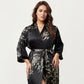 Plus Size Satin Floral Kimono Robe with Self Tie Belt Longline Open Front Lightweight Sleepwear