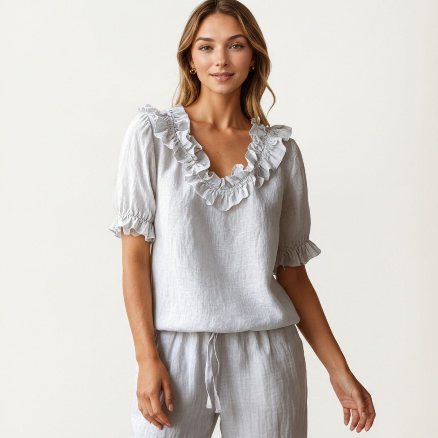Ruffle Neck Blouse with Short Puff Sleeves and Textured Linen-Like Fabric
