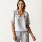 Ruffle Neck Blouse with Short Puff Sleeves and Textured Linen-Like Fabric