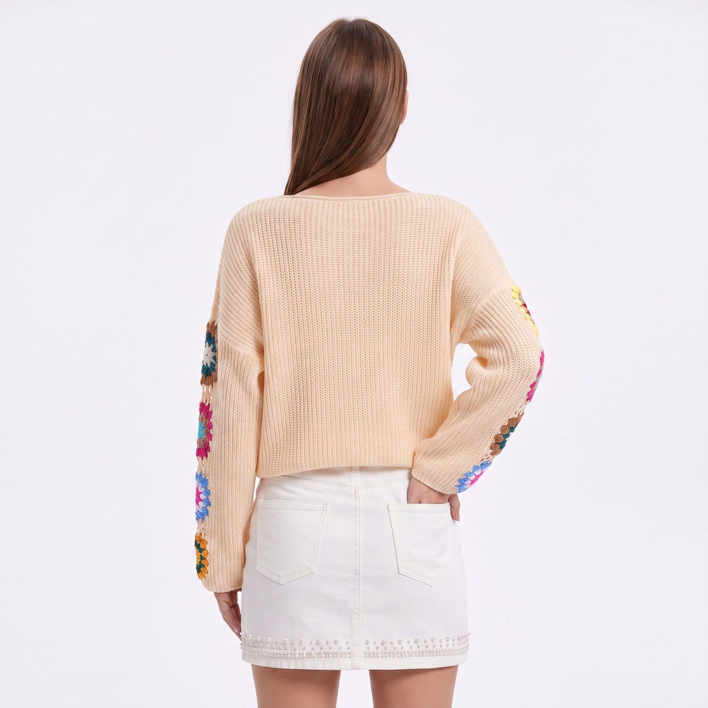 Crochet Floral Sleeve Knit Pullover Sweater with Long Sleeves