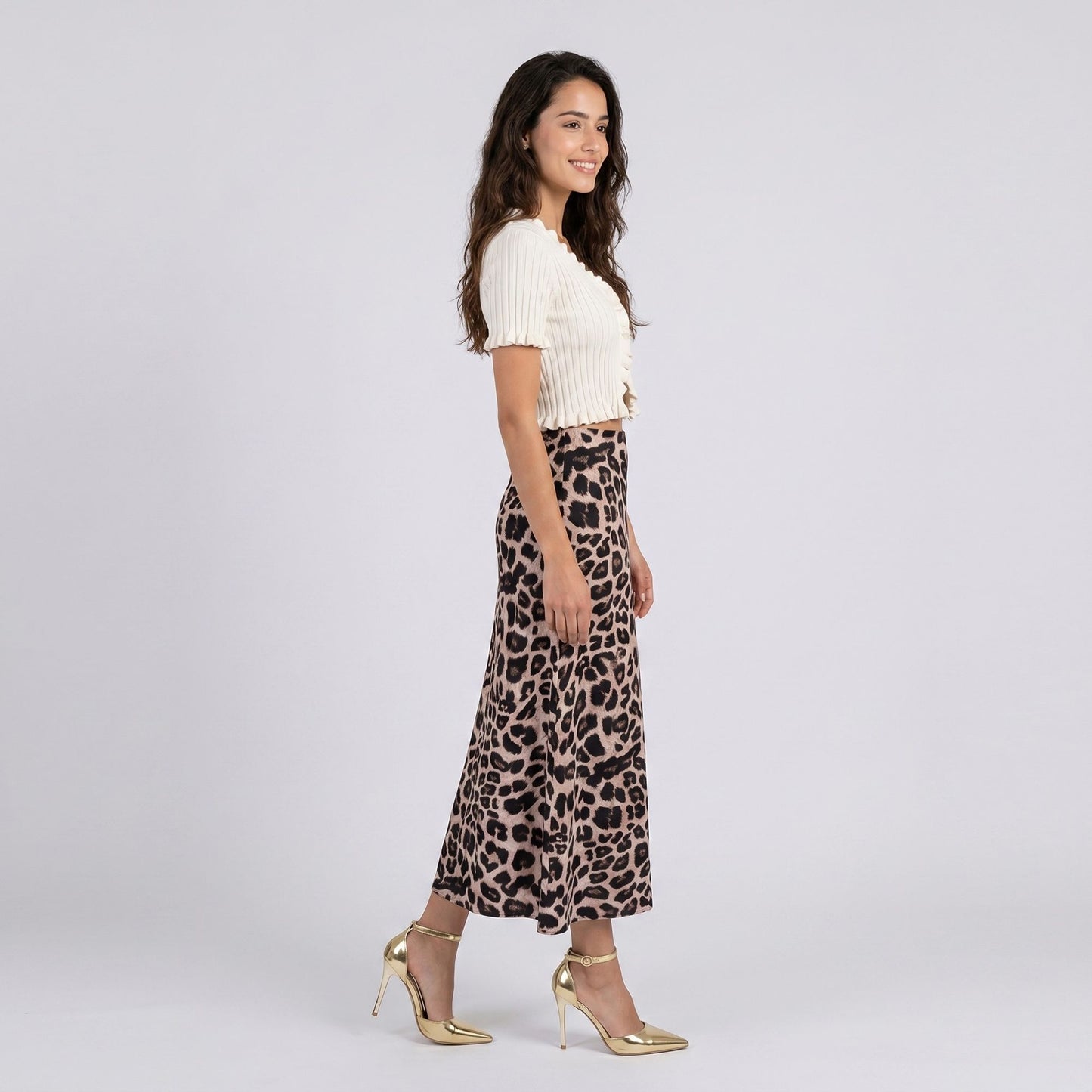 Leopard Print Midi Skirt with High Waist and Flowy A Line Fit