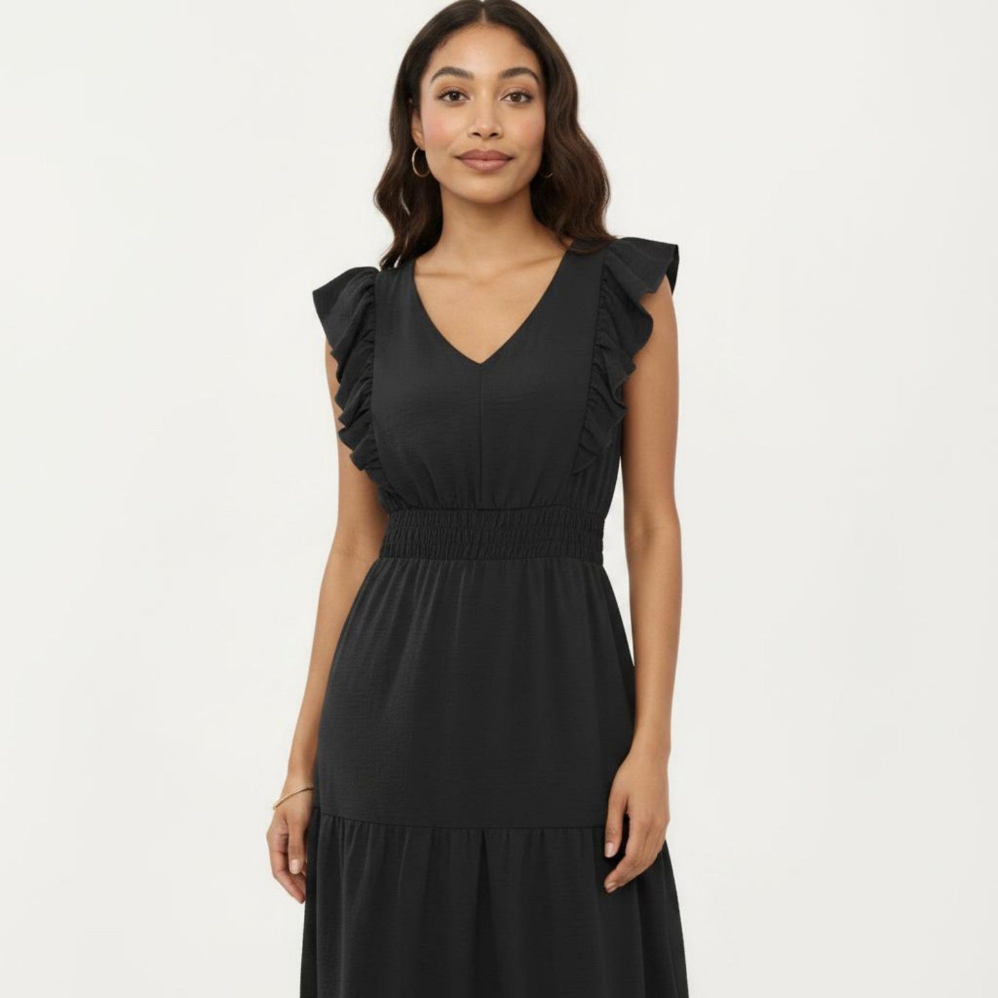 Tiered Midi Dress with Ruffle Sleeves and Smocked Waist