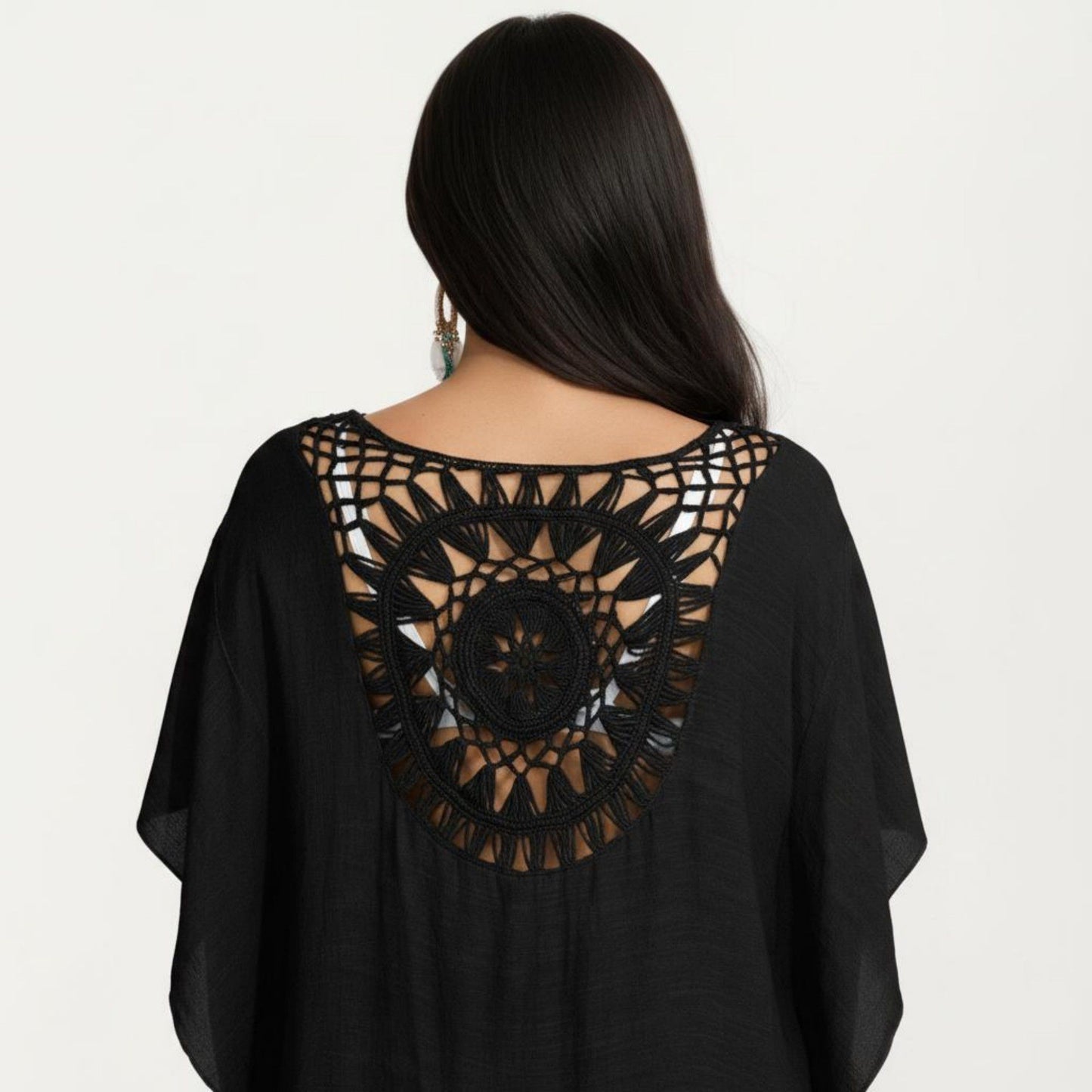 Crochet Medallion Swim Cover Up Dress with Tassel Trim and Relaxed Boho Silhouette