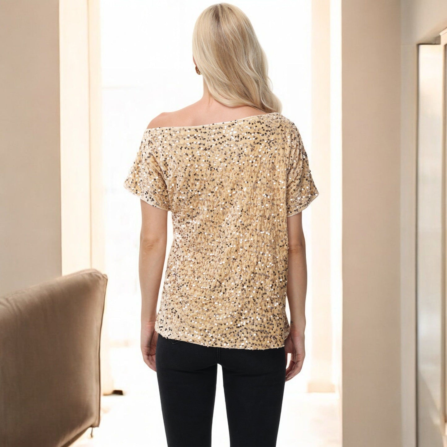 Off-Shoulder Sequin Short Sleeve Top with Relaxed Fit