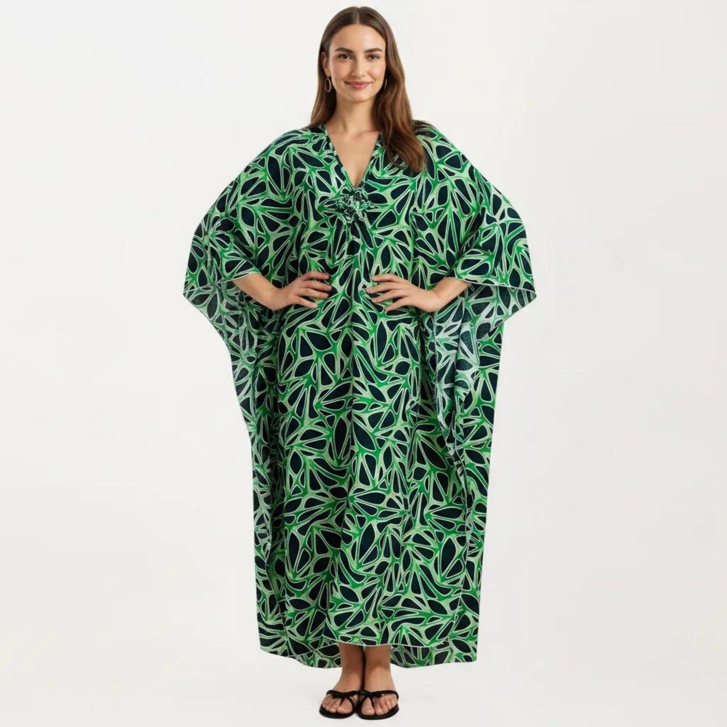 Floral Print Kaftan Maxi Dress with V-Neck Button Front and Flowy Batwing Sleeves