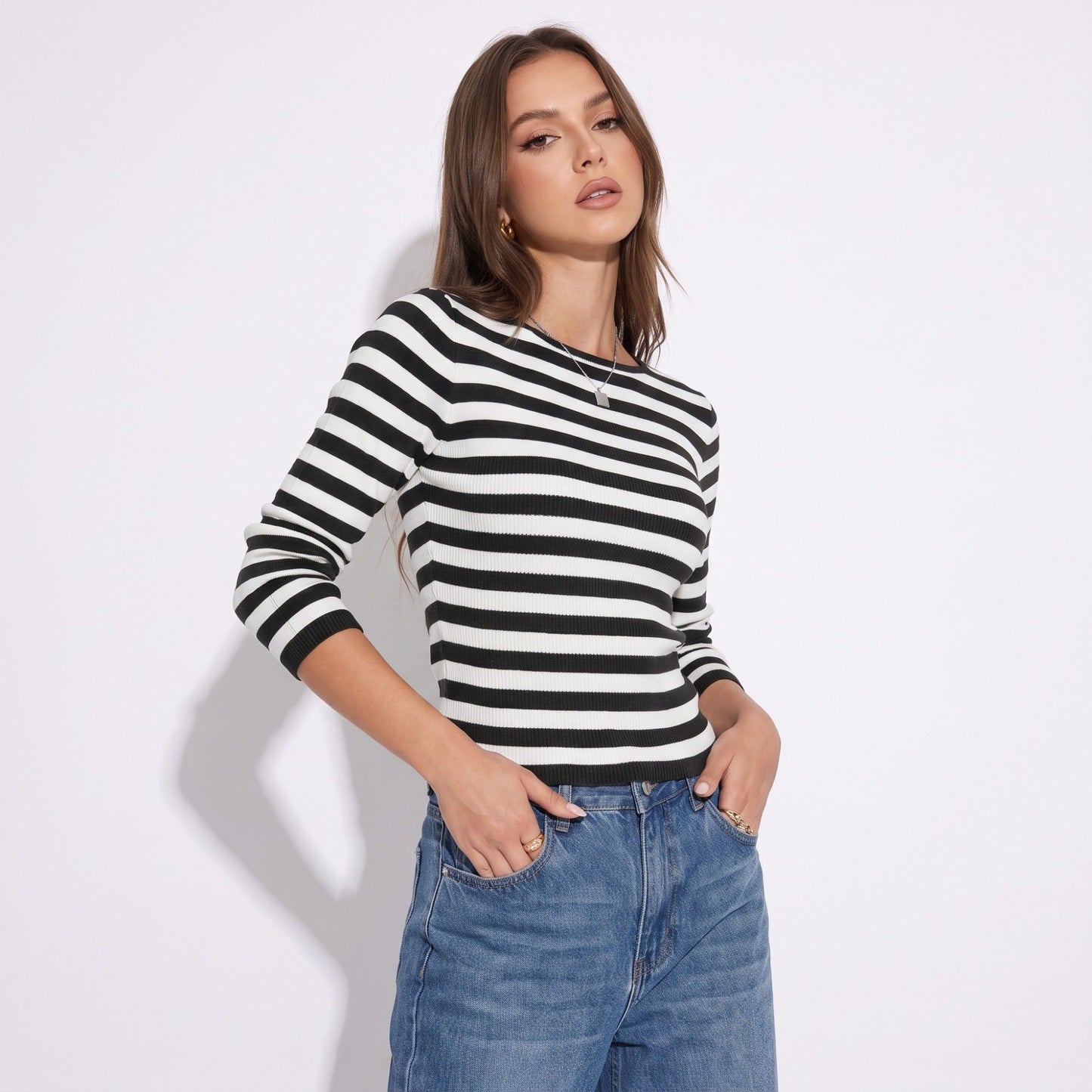 Striped Rib Knit Crewneck Long Sleeve Pullover Sweater