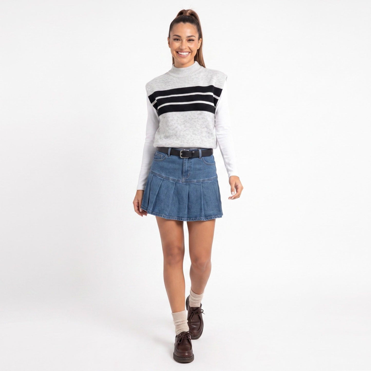 Striped Mock Neck Sleeveless Knit Sweater Vest