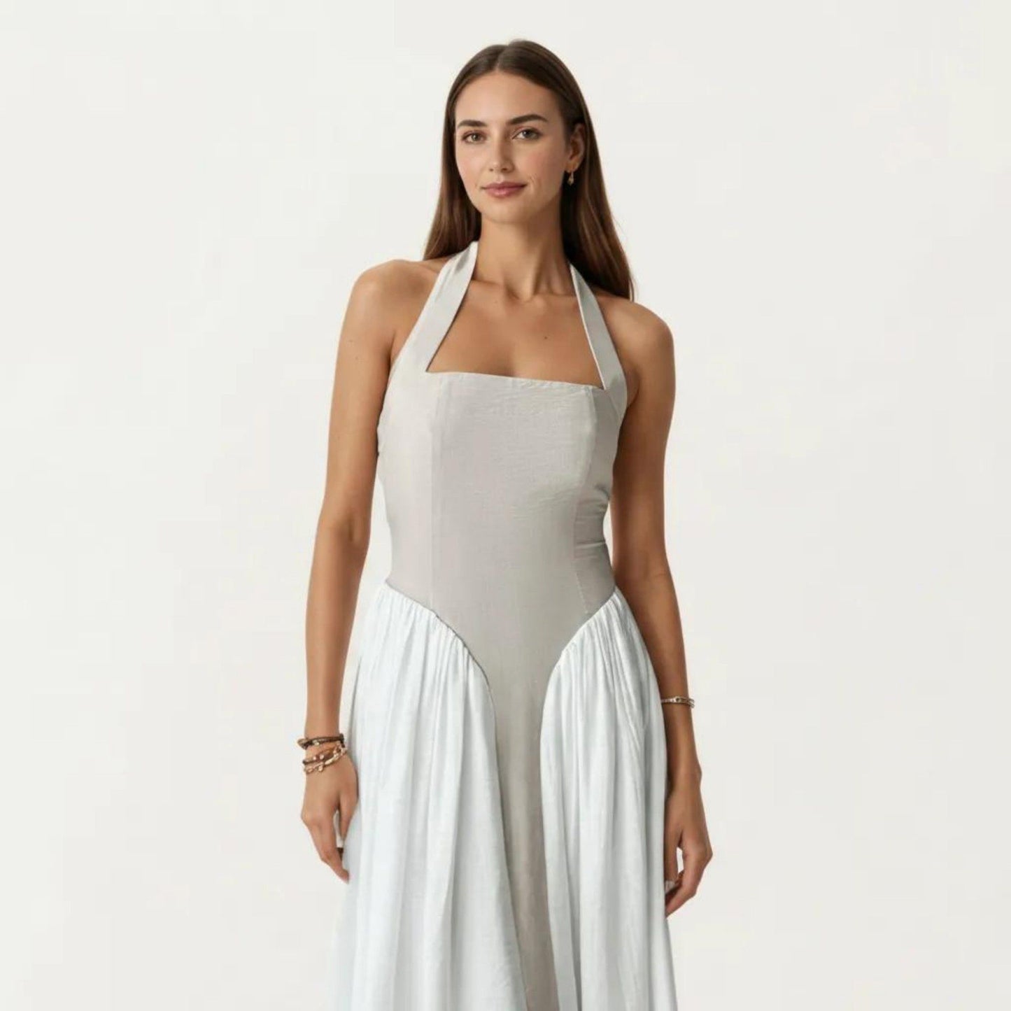 Color Block Halter Neck Smocked Back Maxi Dress