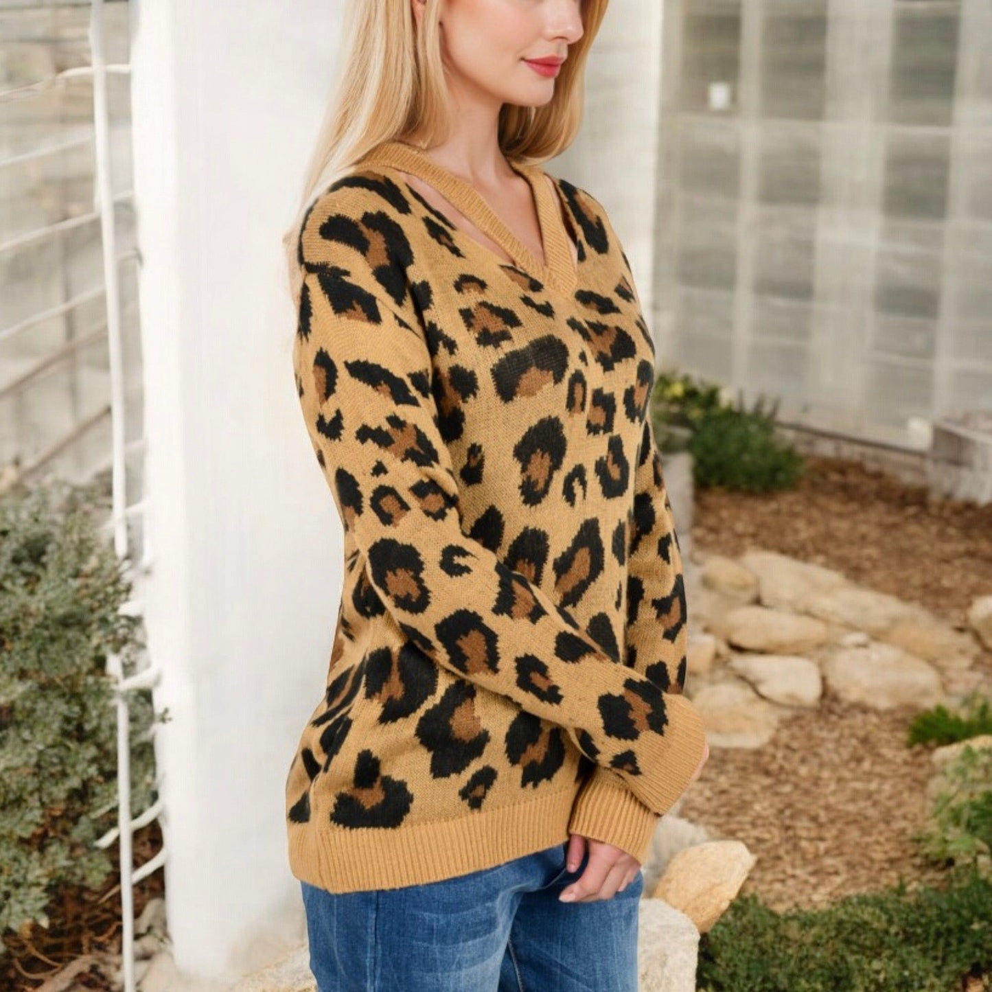 V-Neck Leopard Print Sweater with Cutout Detail Long Sleeves