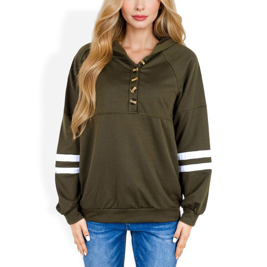 Button-Front Hoodie with Stripe Sleeve Detail Relaxed Fit