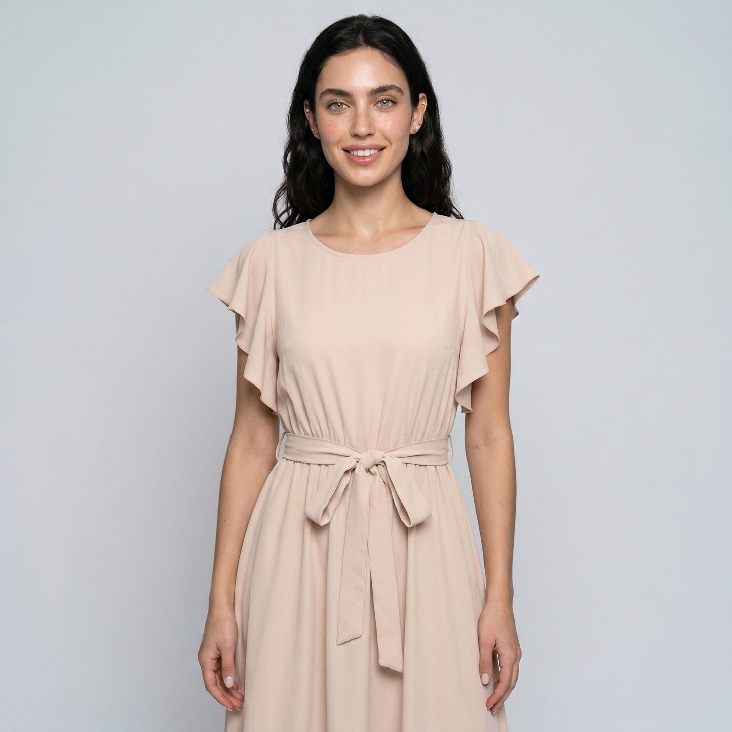 Flutter Sleeve Tie Waist Midi Dress with Round Neckline Flowy A Line Skirt and Soft Gathered Silhouette