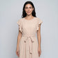 Flutter Sleeve Tie Waist Midi Dress with Round Neckline Flowy A Line Skirt and Soft Gathered Silhouette