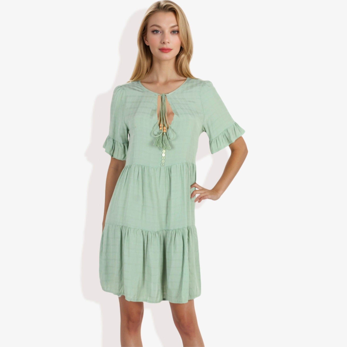 Ruffle Sleeve Tiered Dress With Button And Tassel Detail