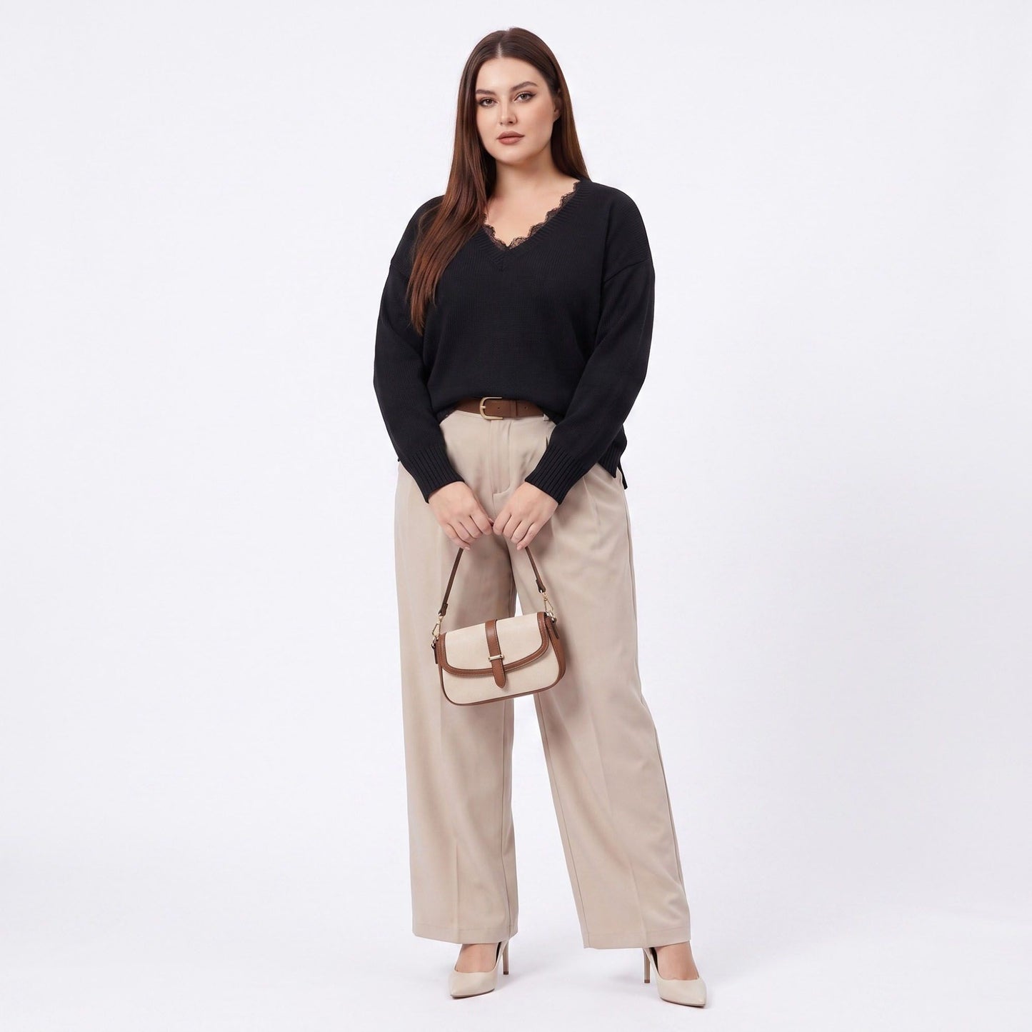 Plus Size Lace Trim V-Neck Relaxed Fit Sweater