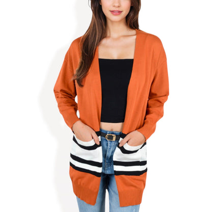 Open Front Striped Long Sleeve Cardigan with Pockets