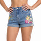 Floral Embroidered High Rise Denim Shorts Rolled Cuff Casual Jean Shorts