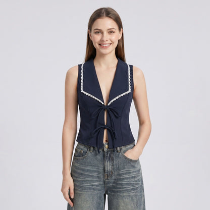 Tie-Front Sleeveless Vest Top V-Neck Lace Trim Tailored Blouse