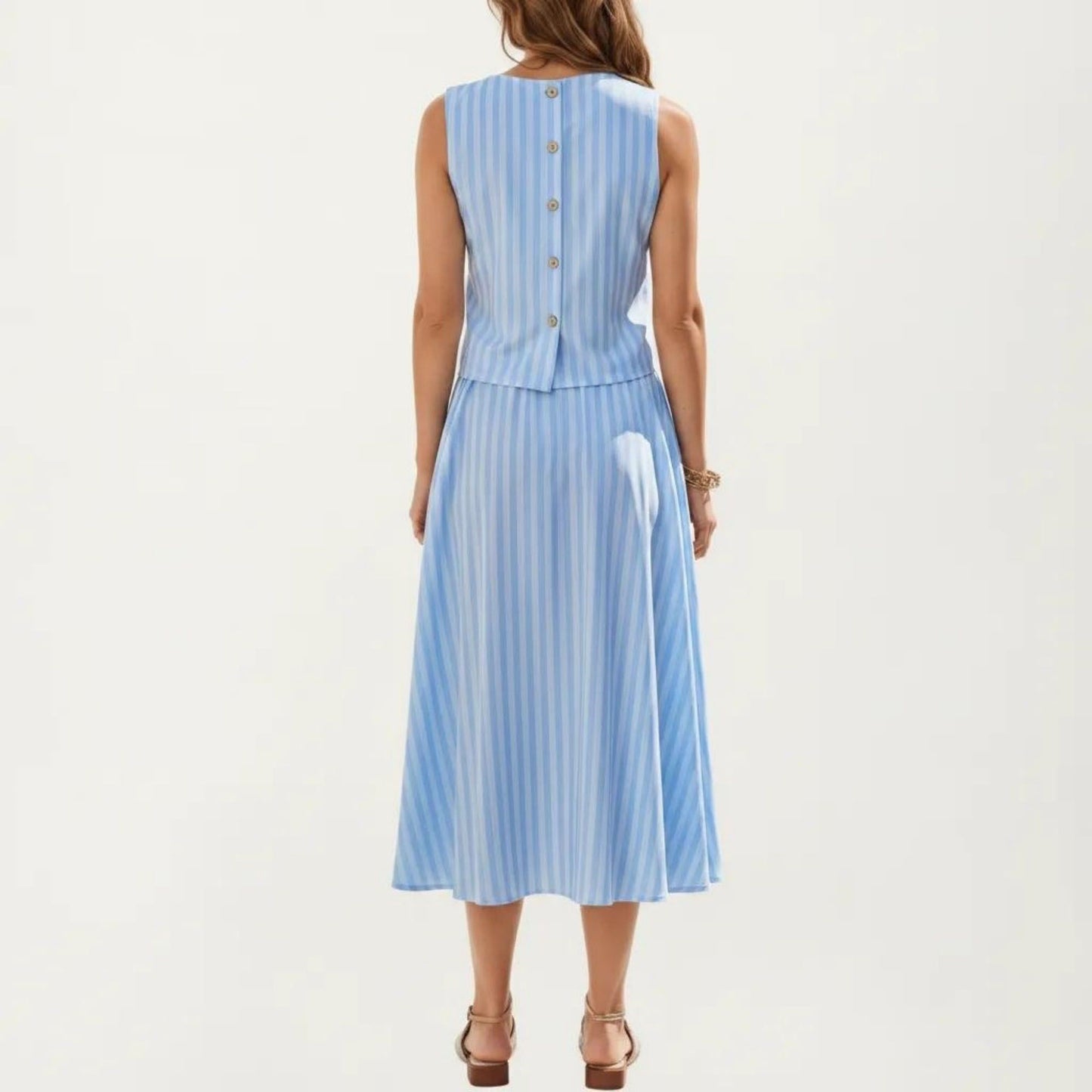 Sleeveless Striped Two Piece Set Crop Top and Midi Skirt with Back Button Detail Flowy High Waist Set