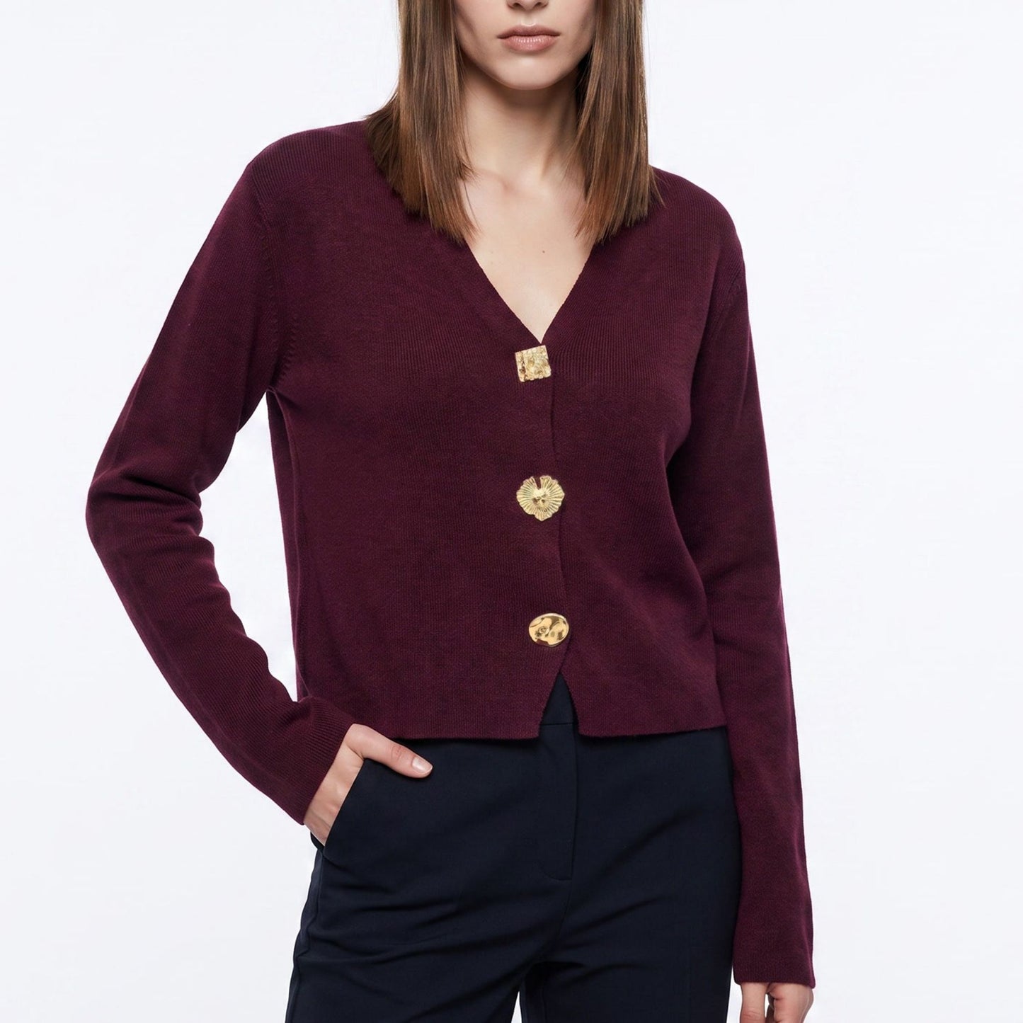V Neck Decorative Gold Button Knit Cardigan Sweater