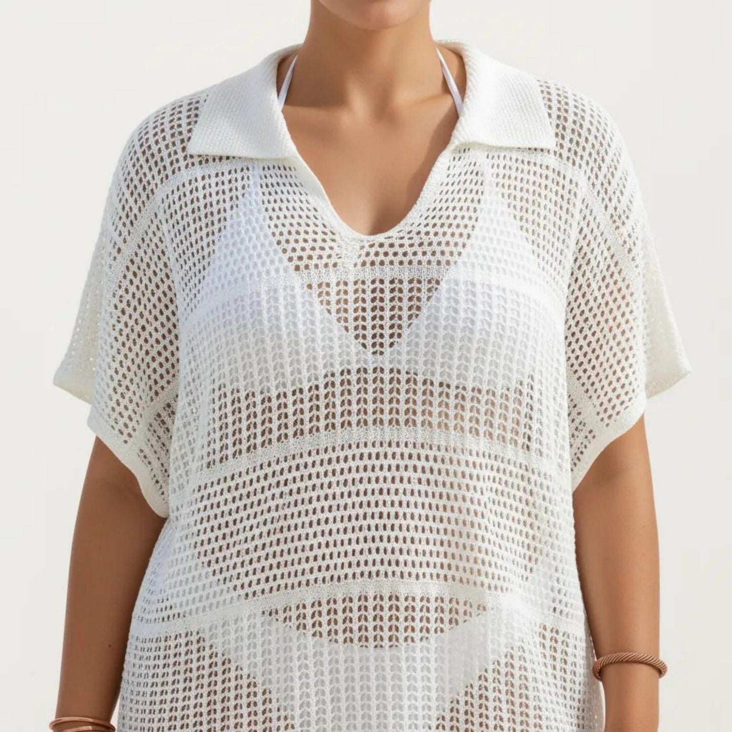 Mesh Swim Cover Up Dress with Open Knit Design Collared Neckline Short Sleeves Relaxed Fit