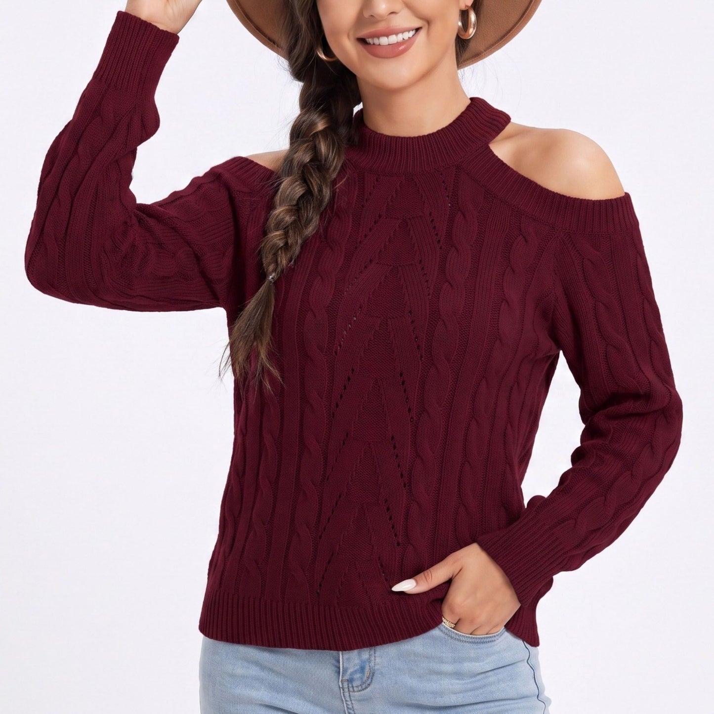 Mock Neck Cold Shoulder Cable Knit Long Sleeve Pullover Sweater