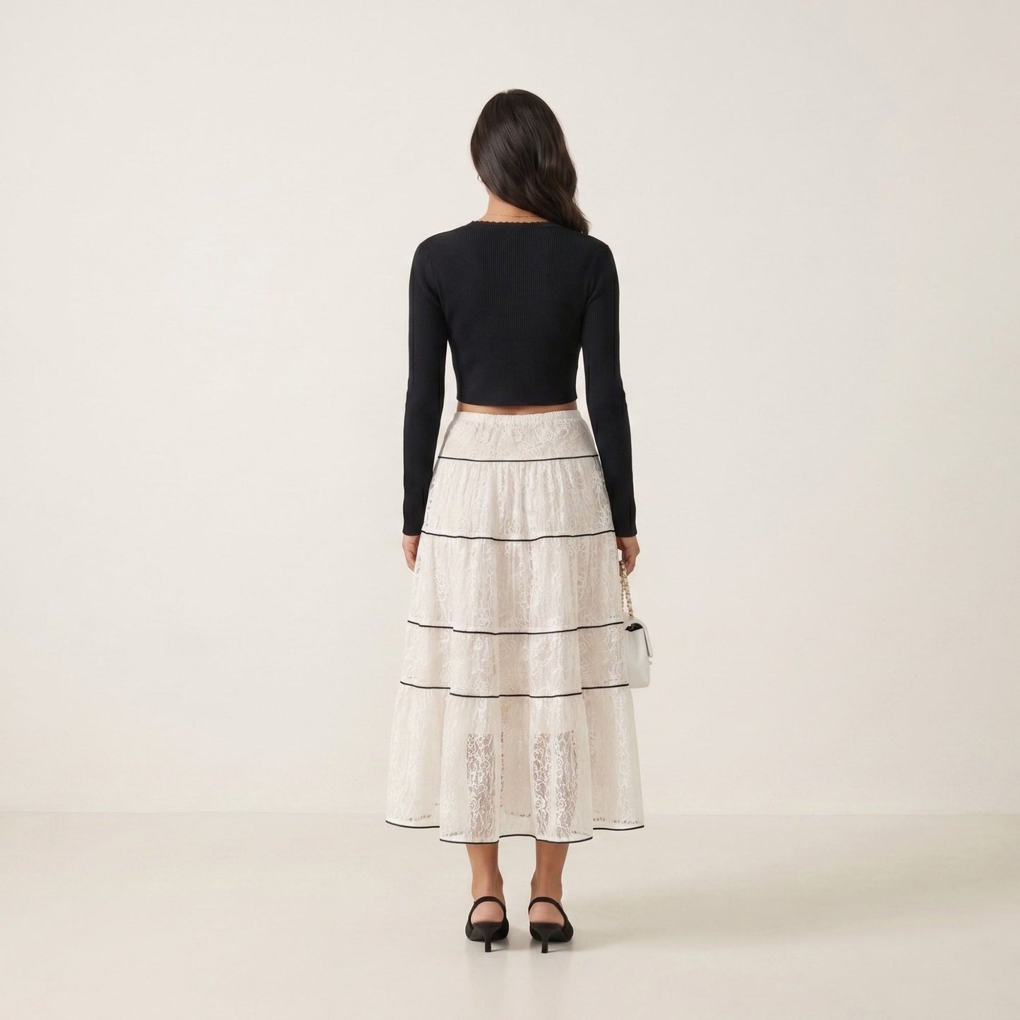 2 Piece Set Long Sleeve Crop Top Button Front Tiered Lace Maxi Skirt Outfit