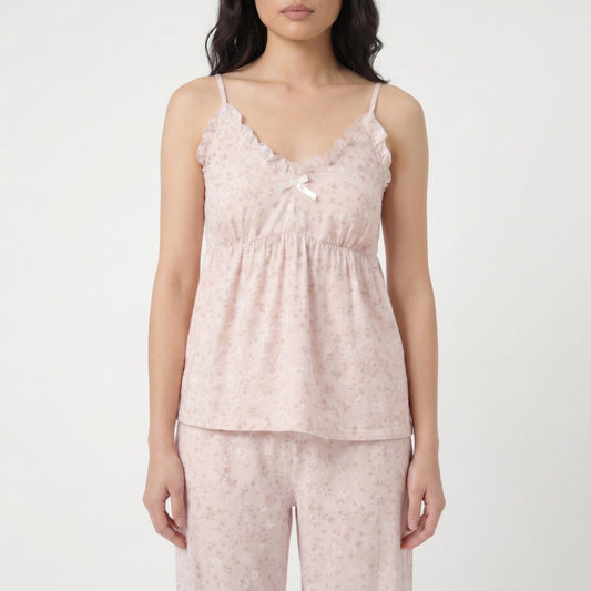 2-Piece Floral Ruffle Cami Top and Wide Leg Pants Sleepwear Lounge Set with Bow Detail and Relaxed Fit