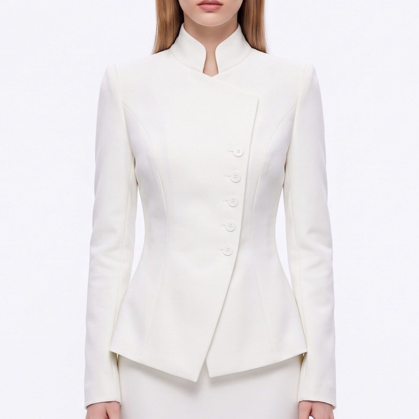 Asymmetric Button Front Blazer with Stand Collar and Peplum Hem