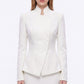 Asymmetric Button Front Blazer with Stand Collar and Peplum Hem