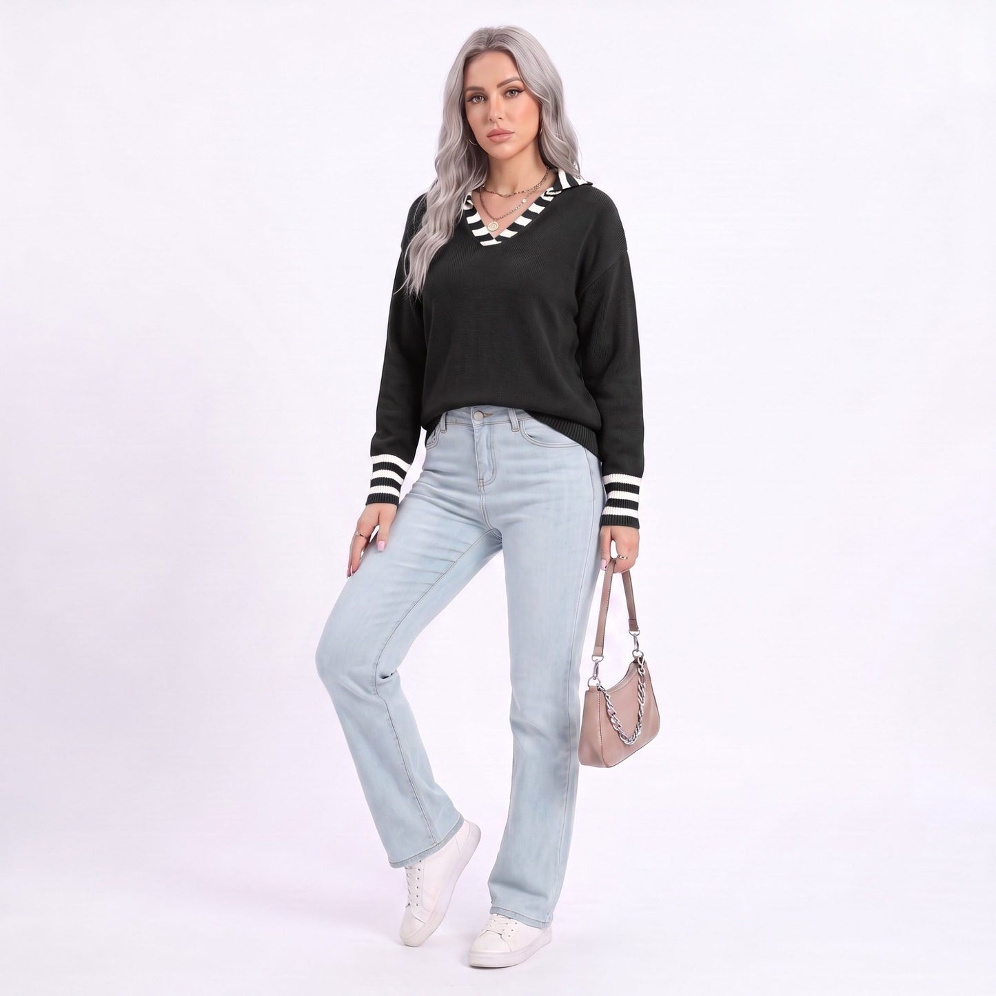 Long Sleeve Collared V Neck Knit Pullover Sweater