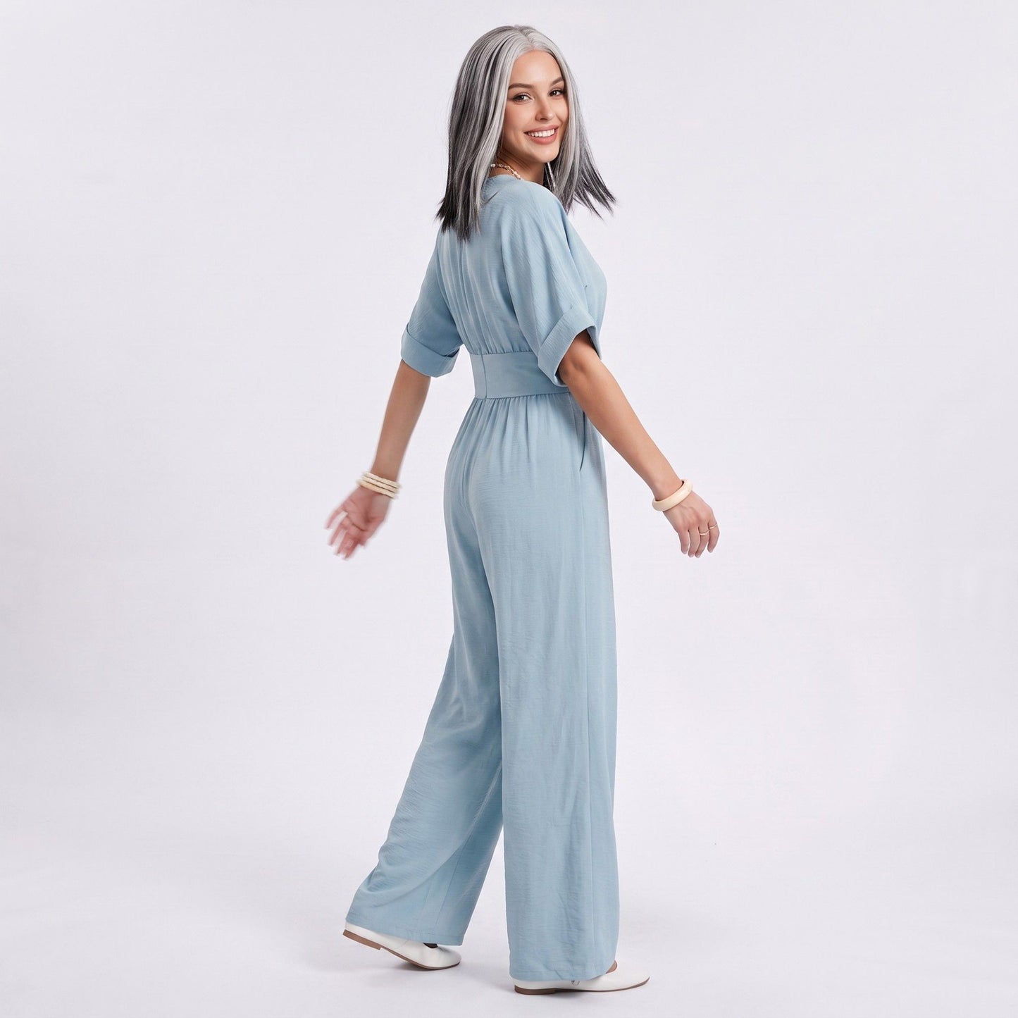 Surplice Jumpsuit Short Sleeve Wide Leg Tie Waist One Piece