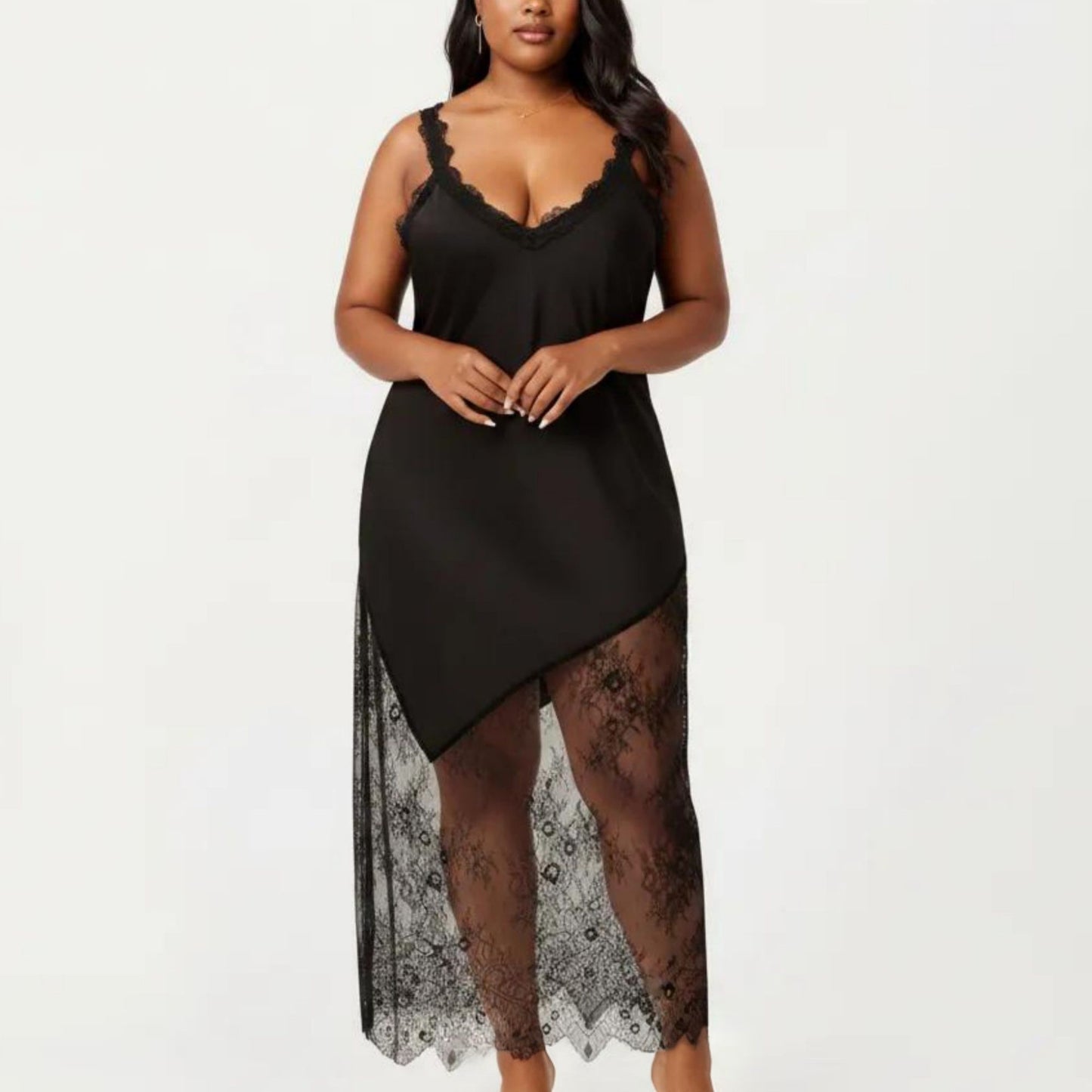 Plus Size Lace Trim Slip Dress Asymmetrical Hem Sheer Mesh Nightgown Sleepwear