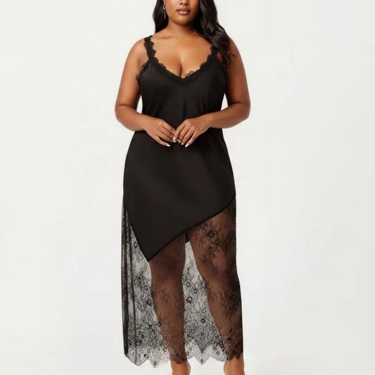 Plus Size Lace Trim Slip Dress Asymmetrical Hem Sheer Mesh Nightgown Sleepwear