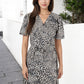 V-Neck Leopard Print Midi Dress with Short Sleeves Waist Tie