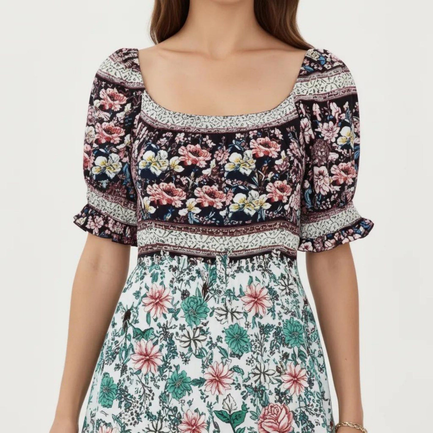 Puff Sleeve Maxi Dress with Mixed Floral Print and Border Hem
