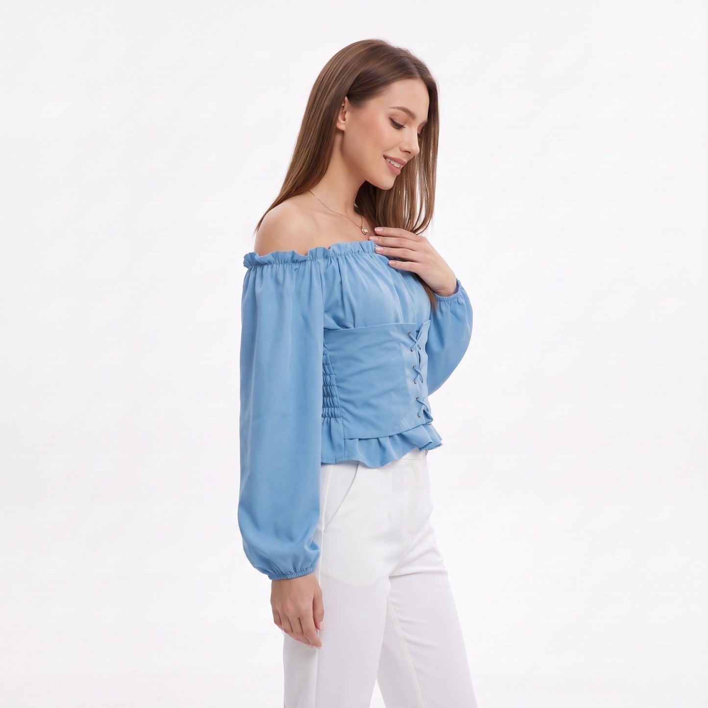 Off Shoulder Lace Up Corset Long Sleeve Peplum Blouse