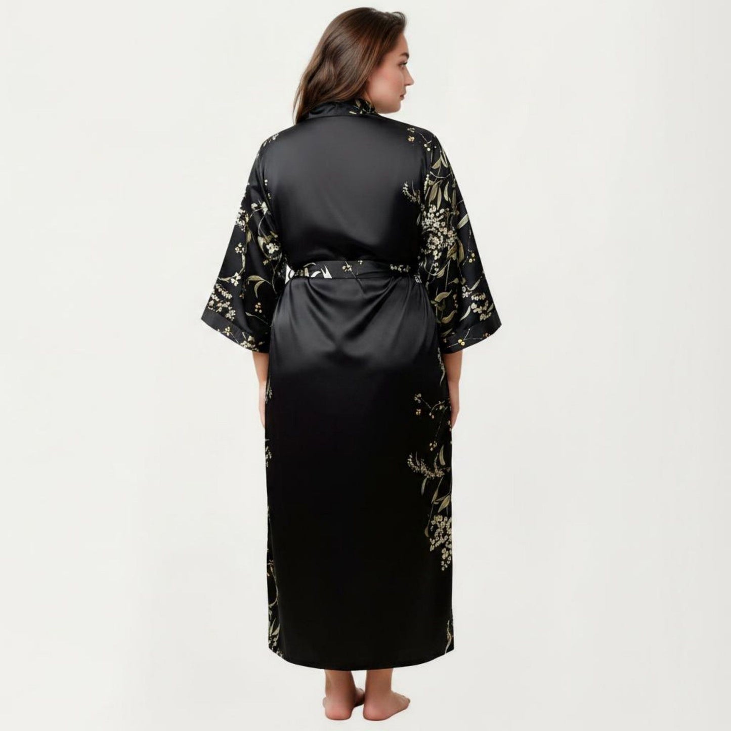 Plus Size Satin Floral Kimono Robe with Self Tie Belt Longline Open Front Lightweight Sleepwear