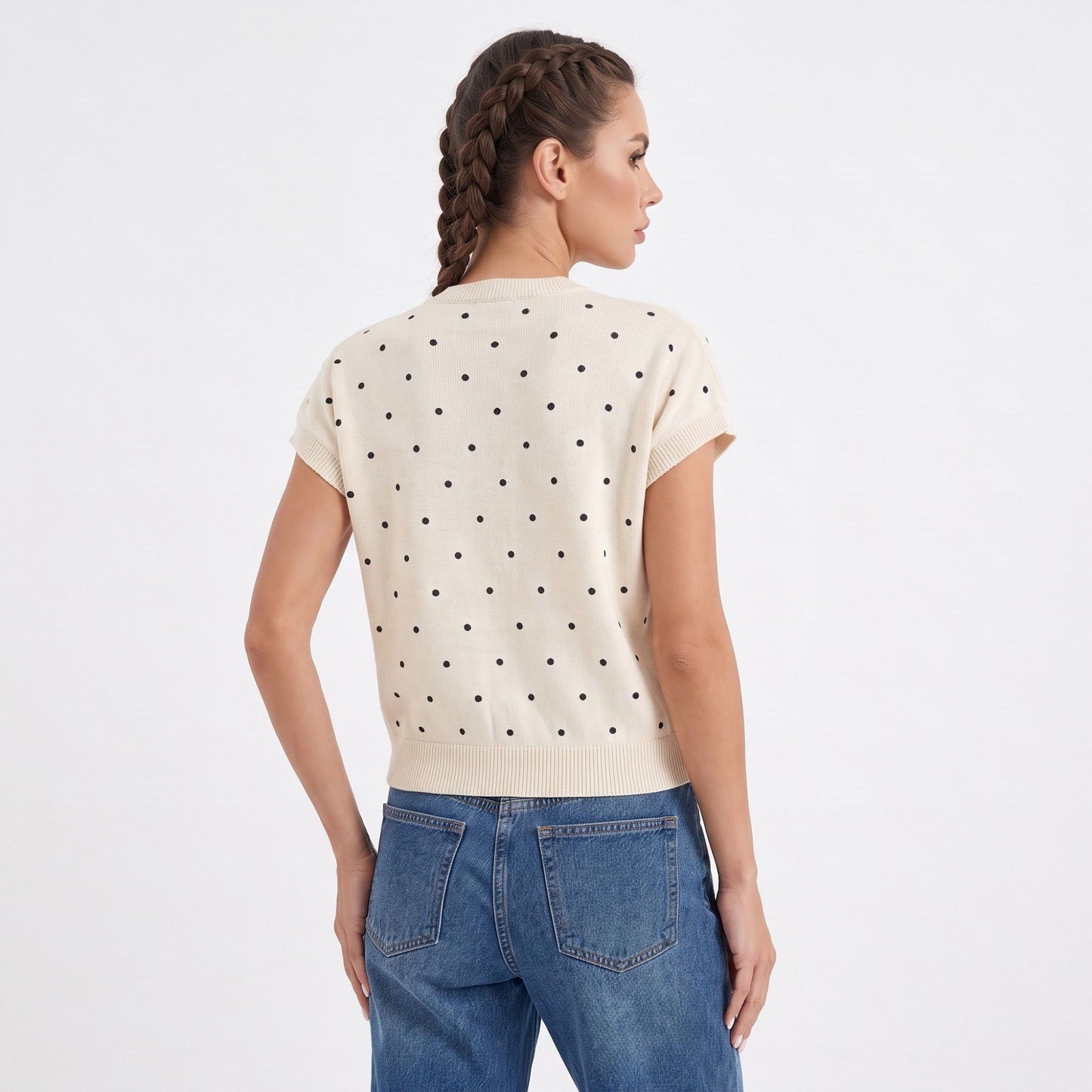 Polka Dot Crewneck Cap Sleeve Knit Sweater Top