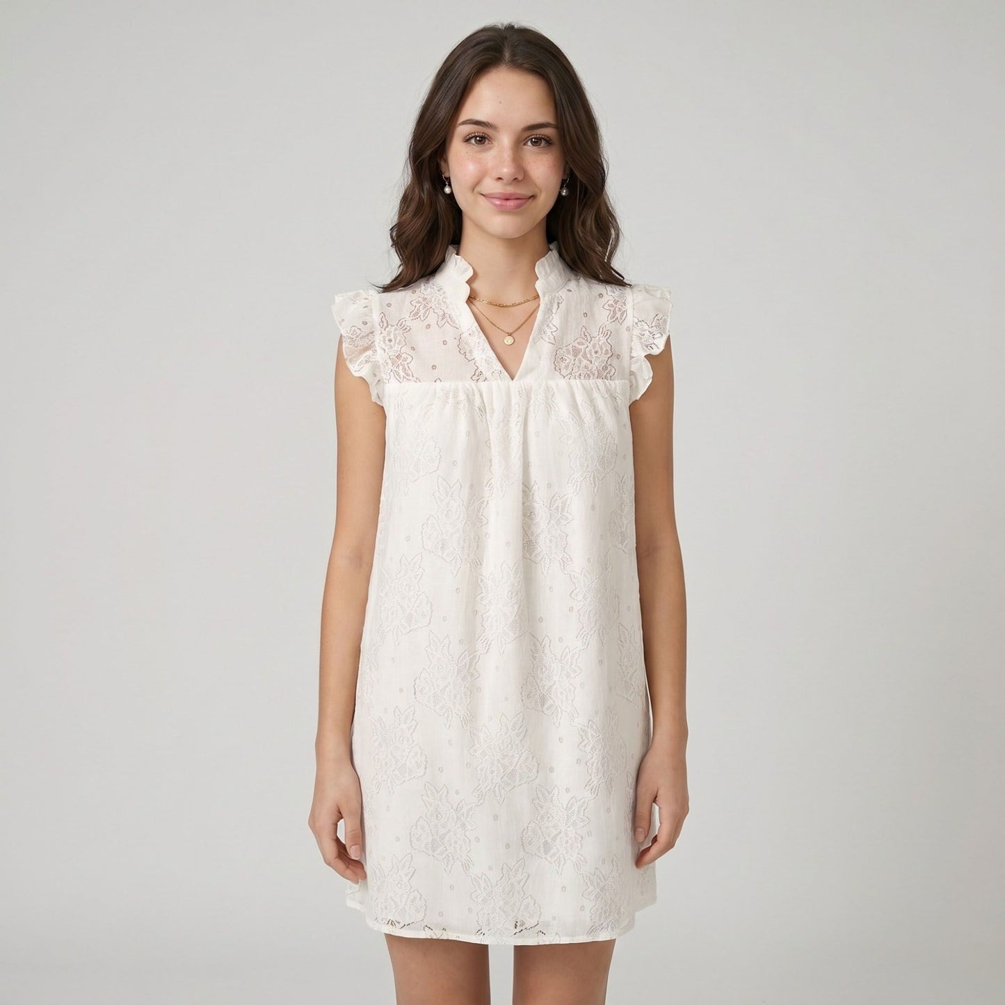 Floral Lace Texture Ruffle Sleeve Mini Dress with Split Neckline Gathered Yoke and Relaxed Shift Silhouette