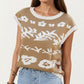 Sleeveless Floral Knit Vest Top with Crew Neck and Contrast Trim