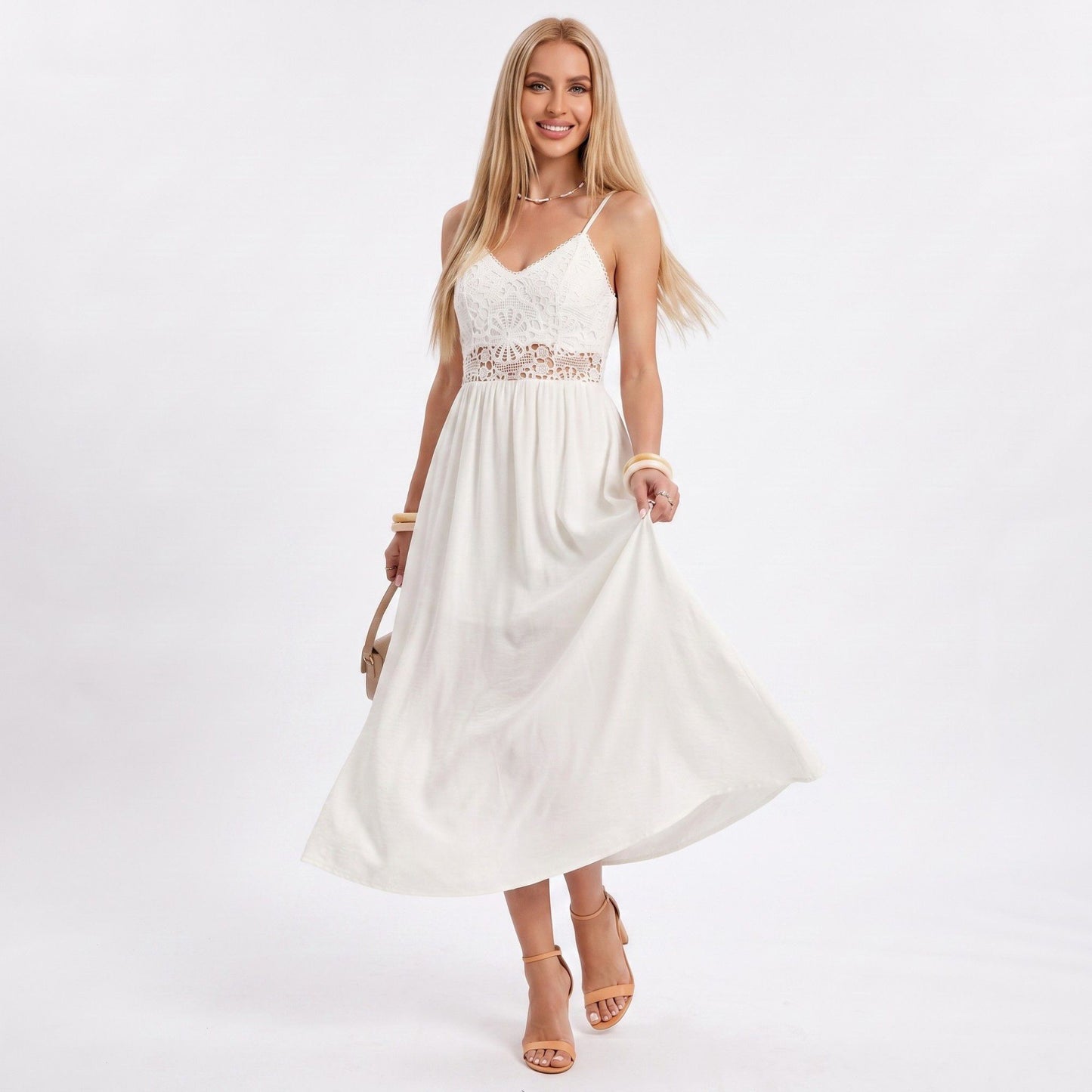 Lace Bodice Maxi Dress Spaghetti Strap Flowing A Line Dress