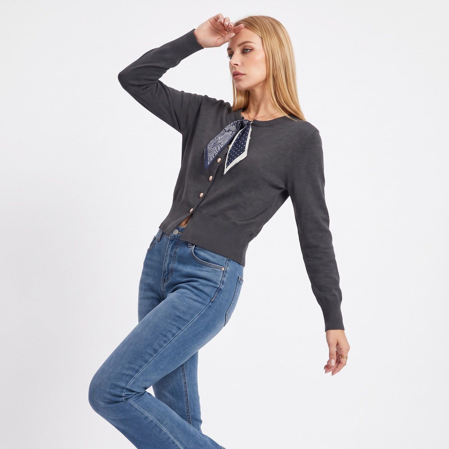 Knit Button-Down Cardigan Sweater with Neck Scarf Detail