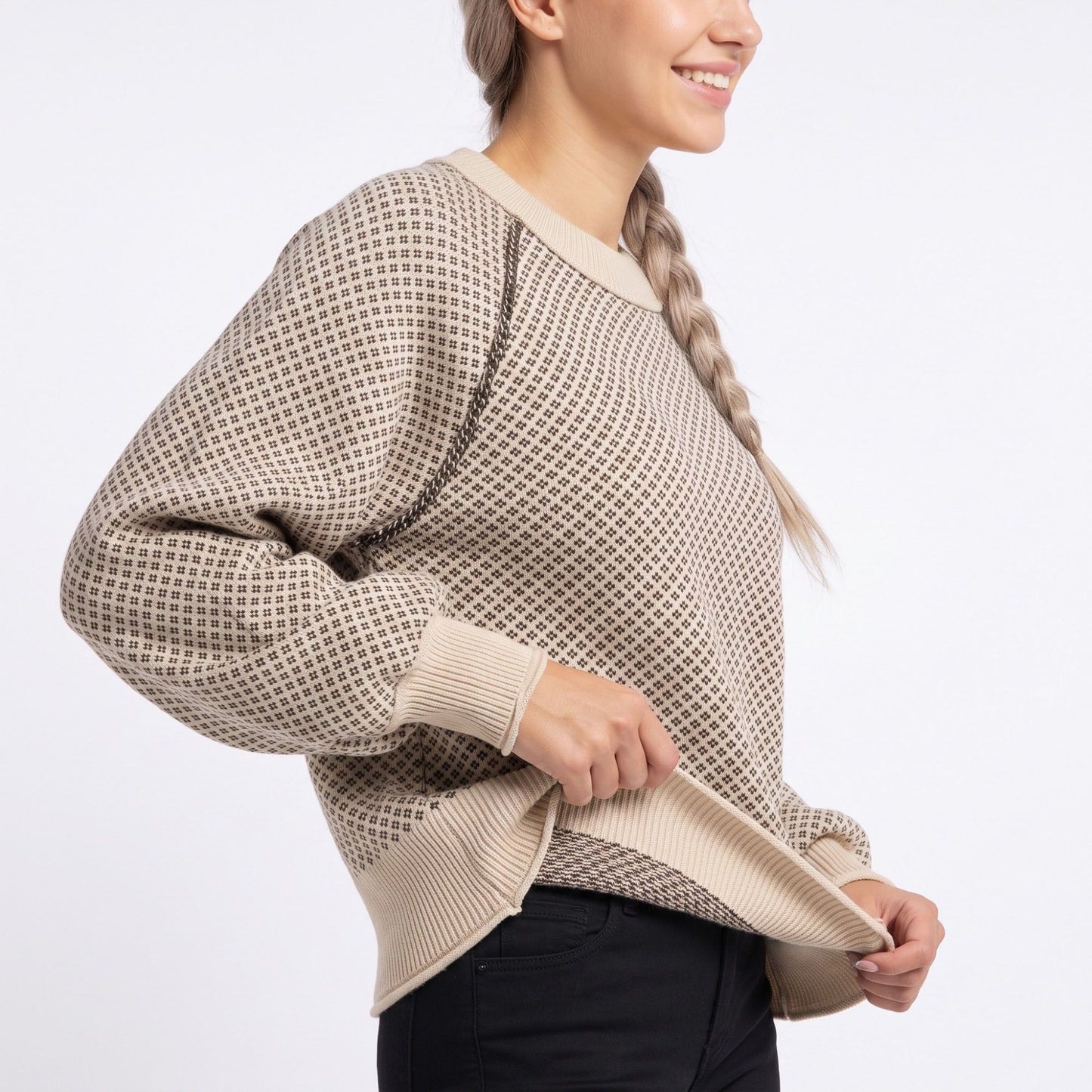 Patterned Crewneck Knit Sweater with Chain Accent